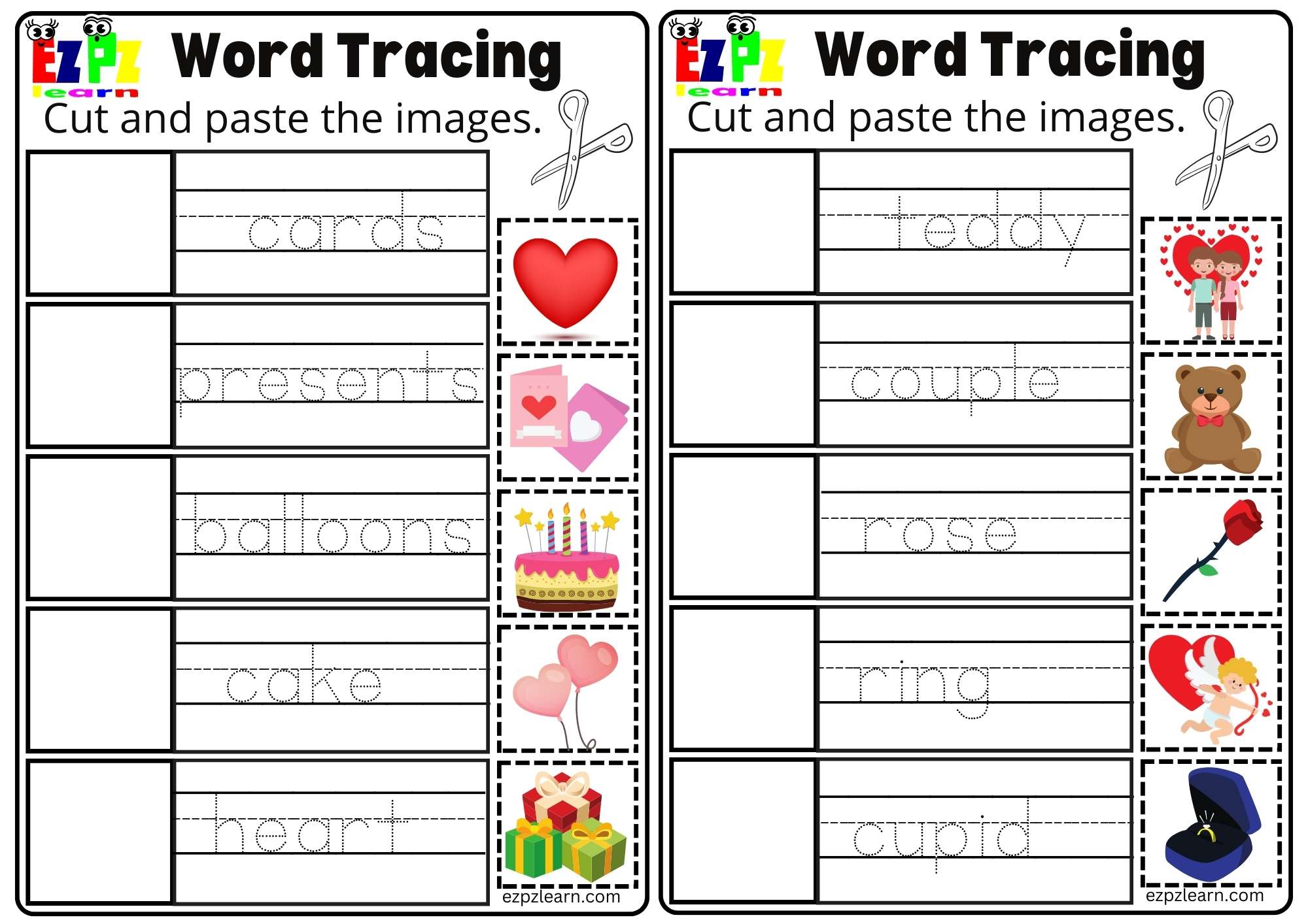 Valentine's Holiday Cut and Paste. Free PDF Worksheet Download